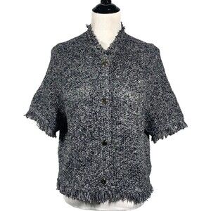 J. Crew Tweedy Knit Short Sleeve Lady Cardigan Sweater Black White Fringe XL